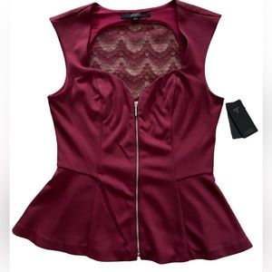 GUESS Zip Front / Lace Back Peplum Top (NWT)